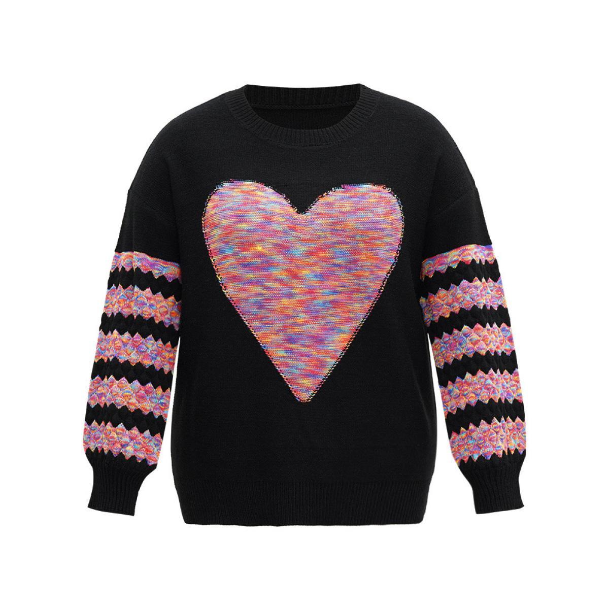 Plus Size Heart Heather Patchwork Crew Neck Pullover Black Women Casual Loose Long Sleeve Round Neck Everyday Pullovers BloomChic 18-20/2X Product Image
