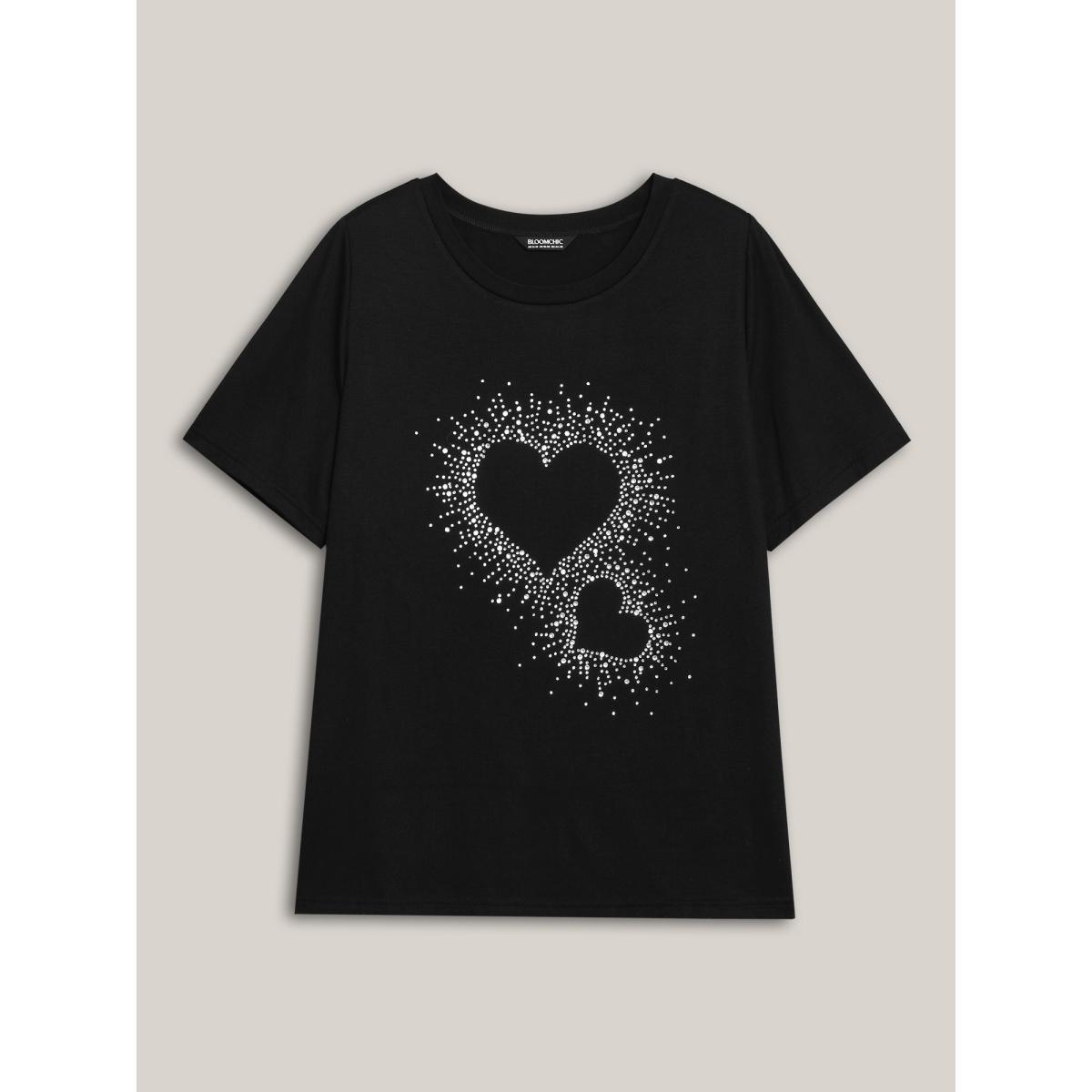 Plus Size Crew Neck Rhinestone Heart T-Shirt Black Women Casual Rhinestone detailing Round Neck Everyday T-shirts BloomChic 22-24/3X Product Image