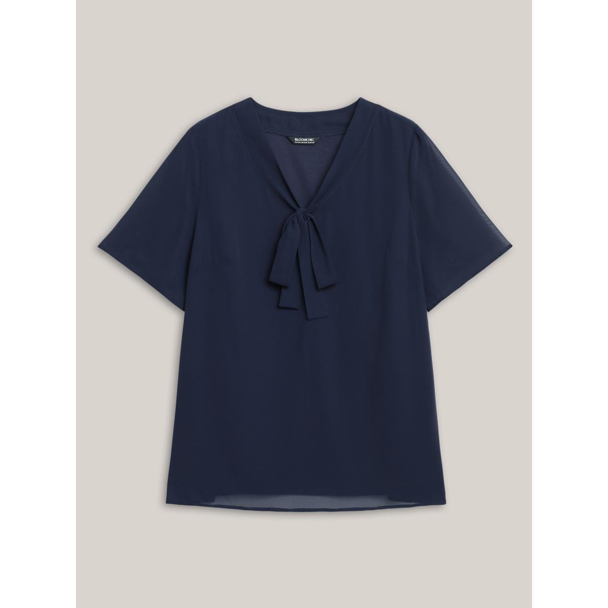 Plus Size Indigo Ribbon Collar Placket Lined Blouse Women At the Office Short sleeve Ribbon-tied collar Work Blouses BloomChic 28/5X Product Image