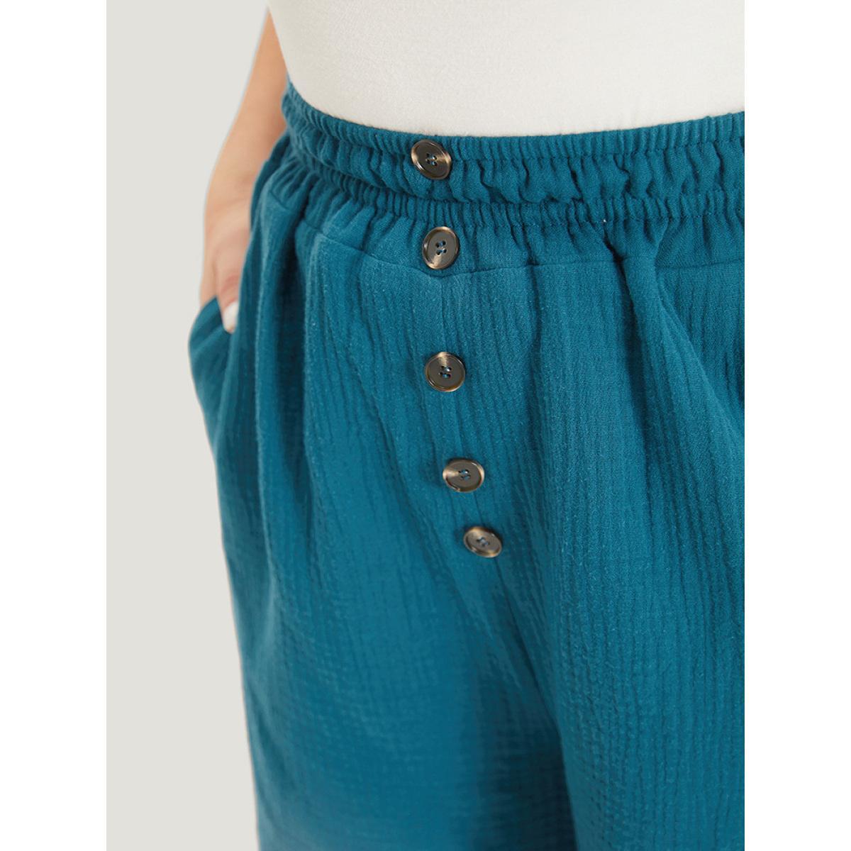 Plus Size Plain Shirred Pocket Button Detail Shorts Women Cyan Casual Texture Dailywear Shorts BloomChic 10/M Product Image
