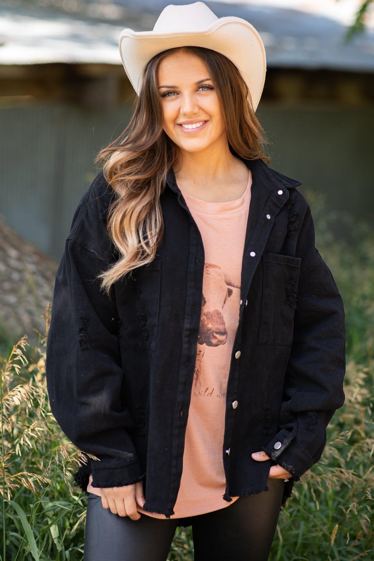Black Distressed Fray Hem Denim Jacket Product Image