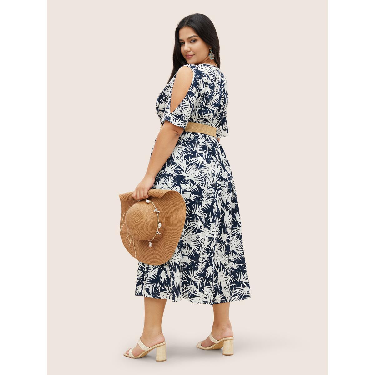 Plus Size Tropical Print Overlap Collar Shirred Cut Out Dress DarkBlue Women Resort Overlapping Overlap Collar Short sleeve Curvy Midi Dress BloomChic 12/L Product Image