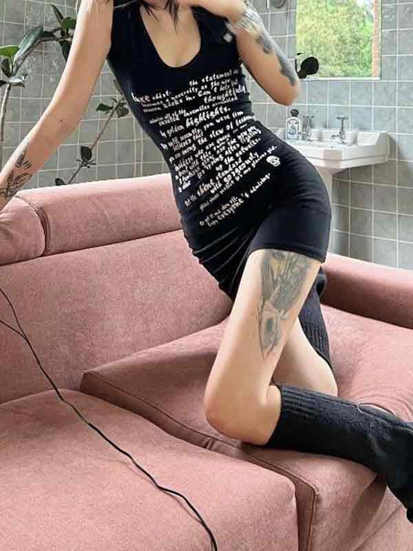 Letter Print U Neck Wrap Hip Mini Dress Product Image