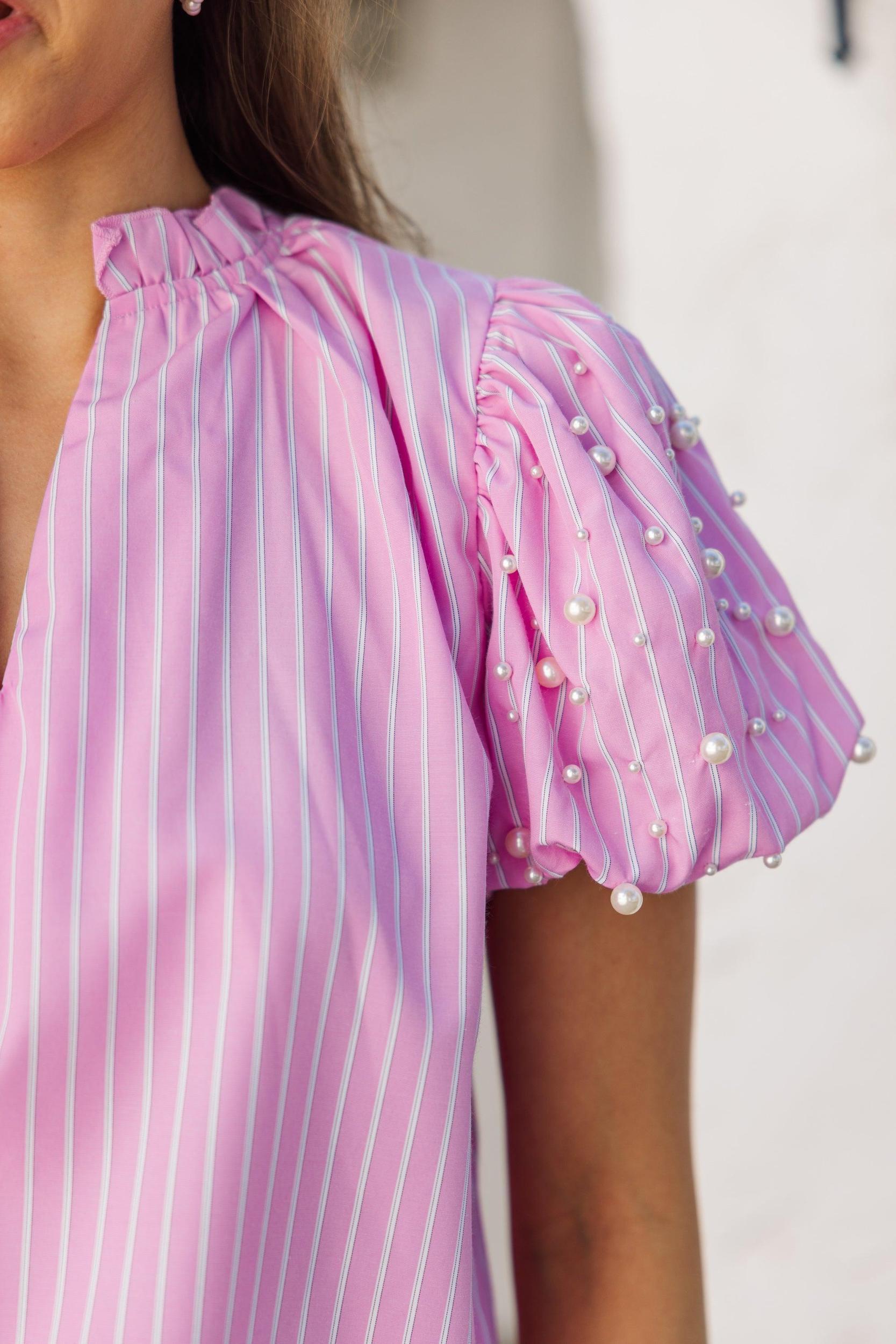 Look For It Pink Embellished Striped Blouse Female Product Image