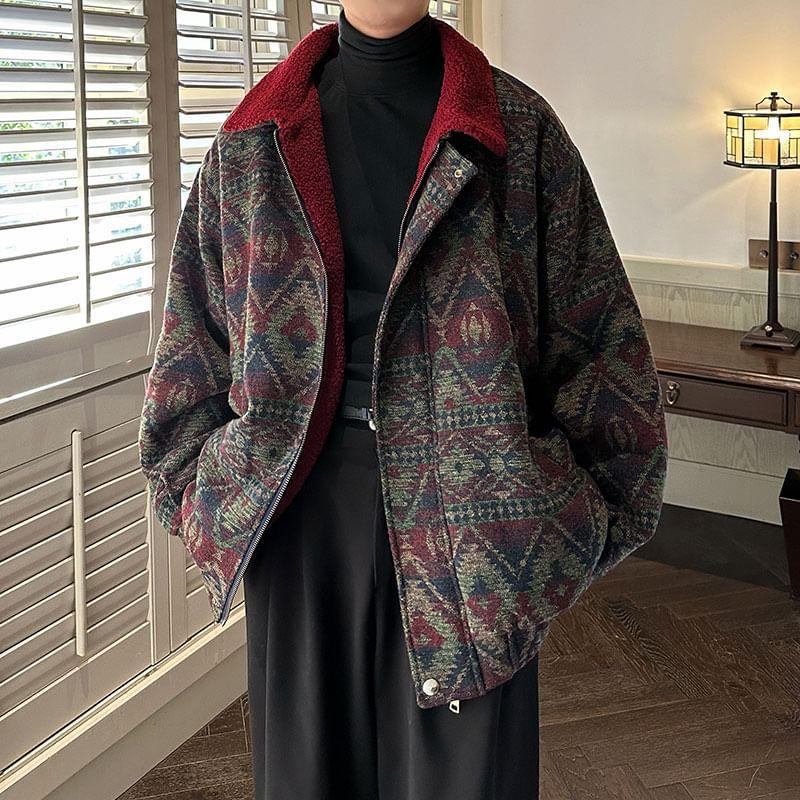 Long Sleeve Stand Collar Geometric Print Zip Up Coat Product Image