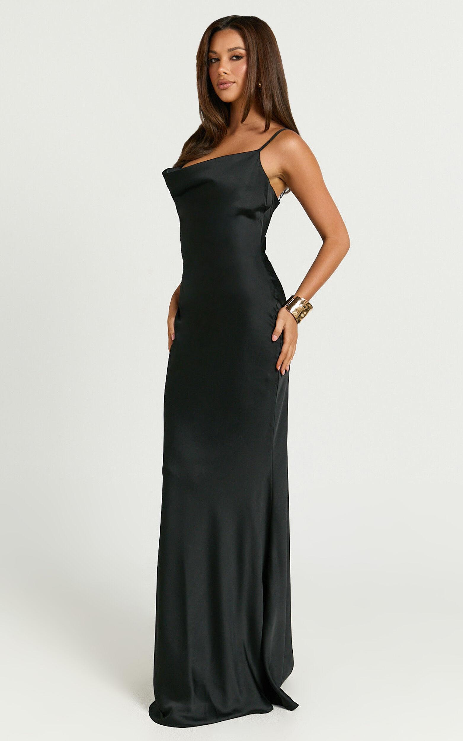 Lunaria Maxi Dress - Cowl Mermaid Slip Dress in Black Product Image