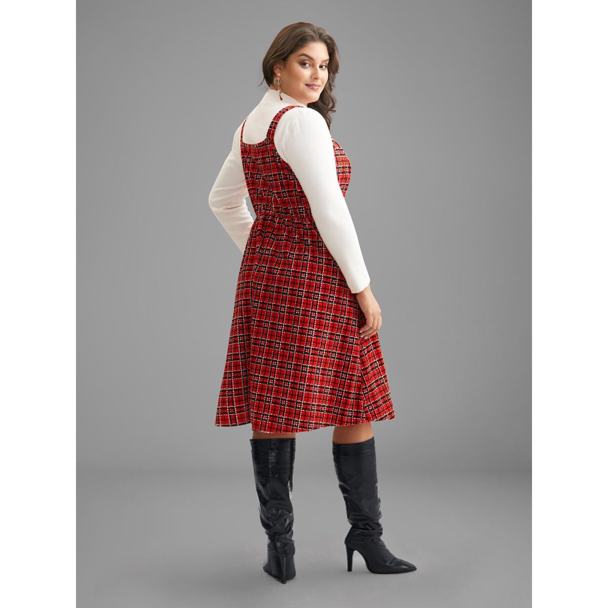 Plus Size Plaid Pinafore Elastic Waist Midi Dress Scarlet Women Elegant Texture Square Neck Sleeveless Curvy BloomChic 10/M Product Image