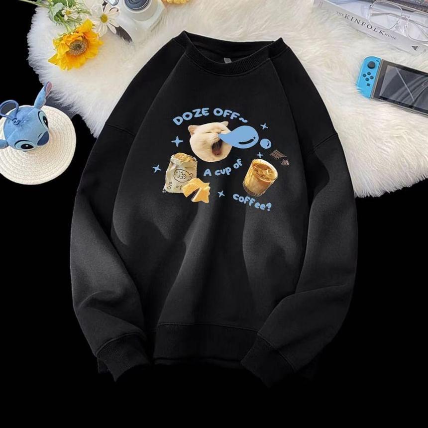 Long Sleeve Cat & Lettering Print Loose-Fit Sweatshirt Product Image