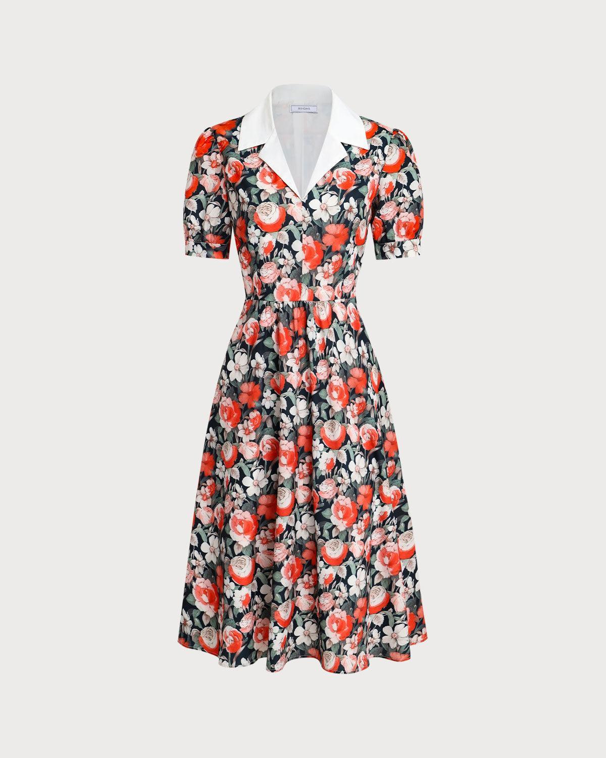 Black Floral Contrast Midi Dress Product Image