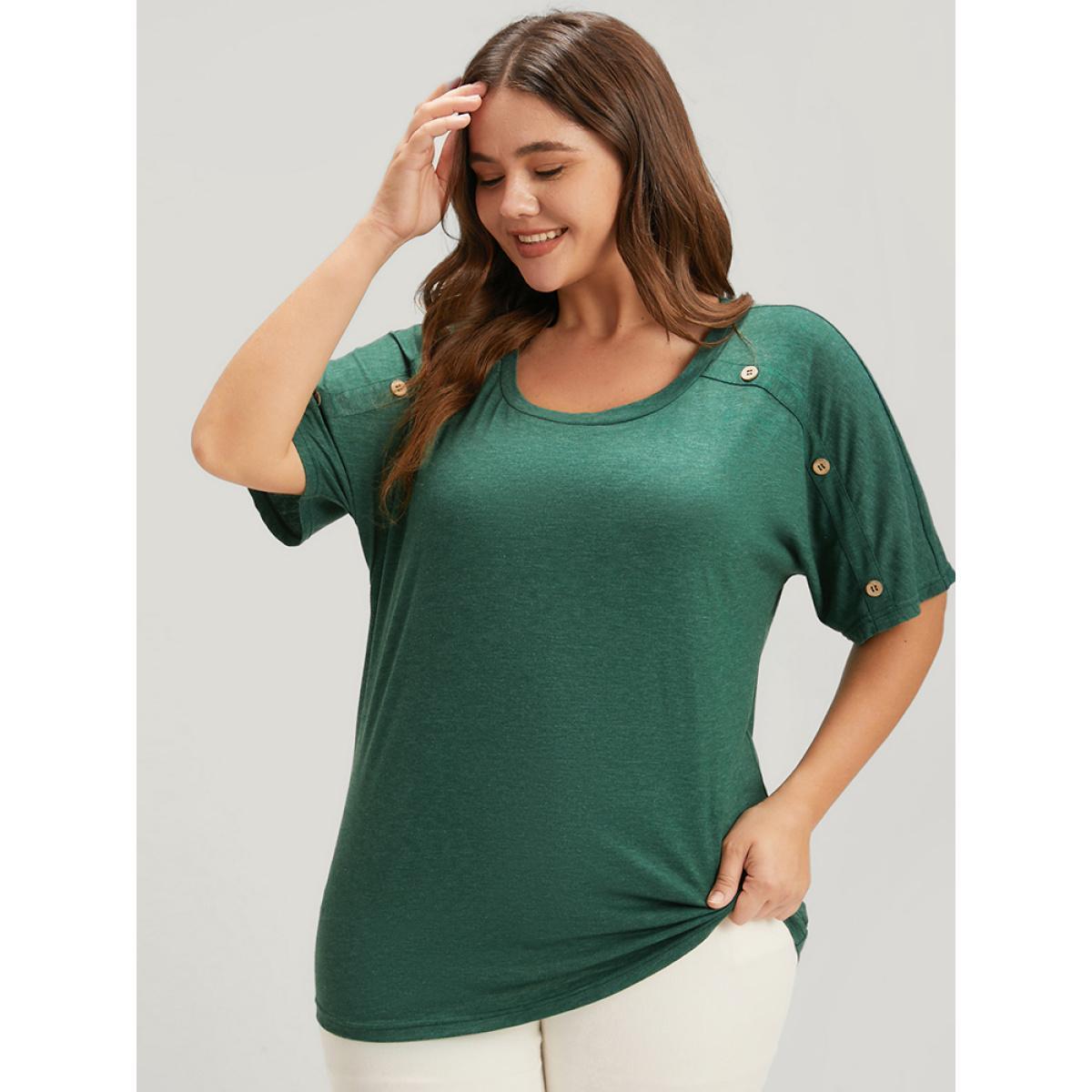 Plus Size Solid Round Neck Button Raglan Sleeve Modal T-shirt Green Women Casual Button Plain Round Neck Dailywear T-shirts BloomChic 26/4X Product Image