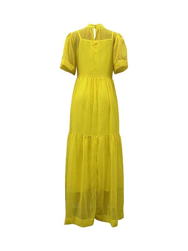 Loose Plus Size Solid Color Split-Joint Inner Dress + Mesh Pleated Mock Neck Outer Dress Two Pieces Set Product Image