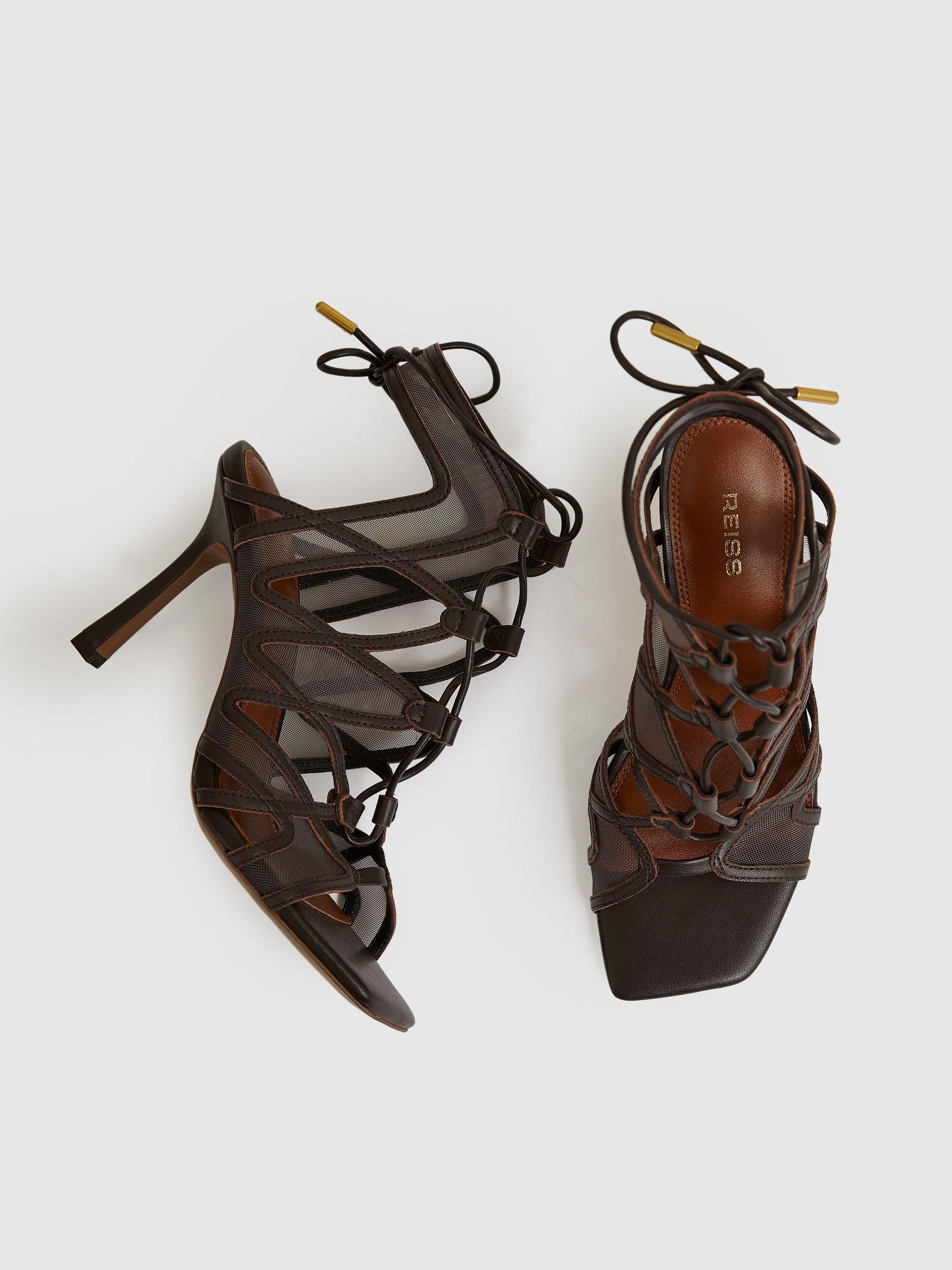 Mesh Leather Strappy Heels in Chocolate Product Image