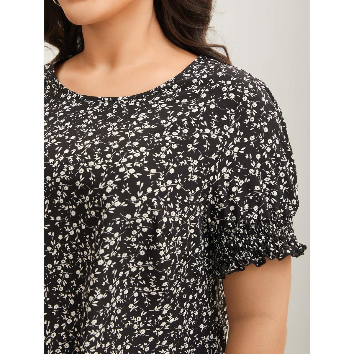 Plus Size Black Ditsy Floral Print Curvy Hem Blouse Women Elegant Elbow-length sleeve Round Neck Everyday Blouses BloomChic 12/L Product Image
