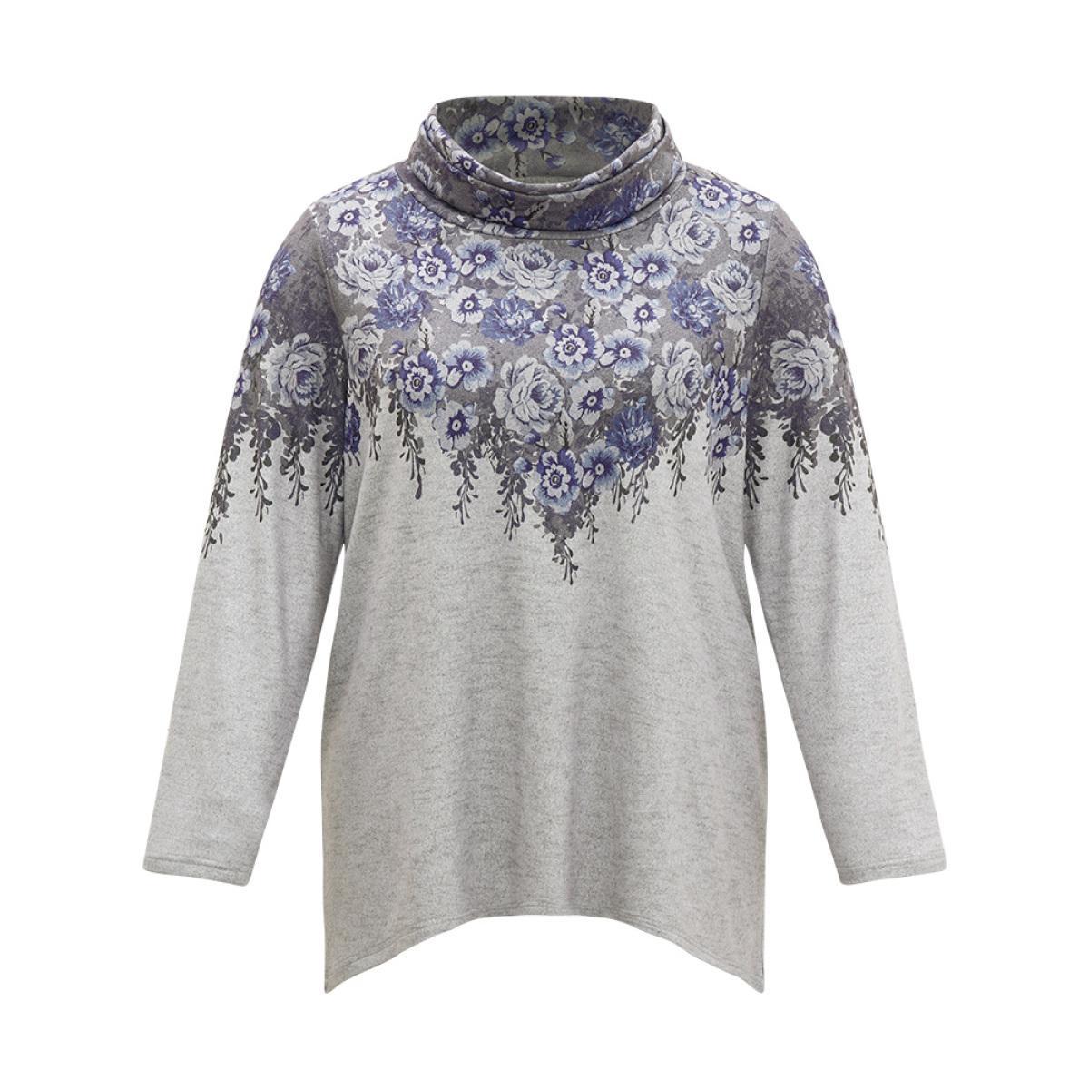 Plus Size Boho Print Mock Neck T-shirt Gray Women Casual Plain Floral Mock Neck Dailywear T-shirts BloomChic 14-16/1X Product Image