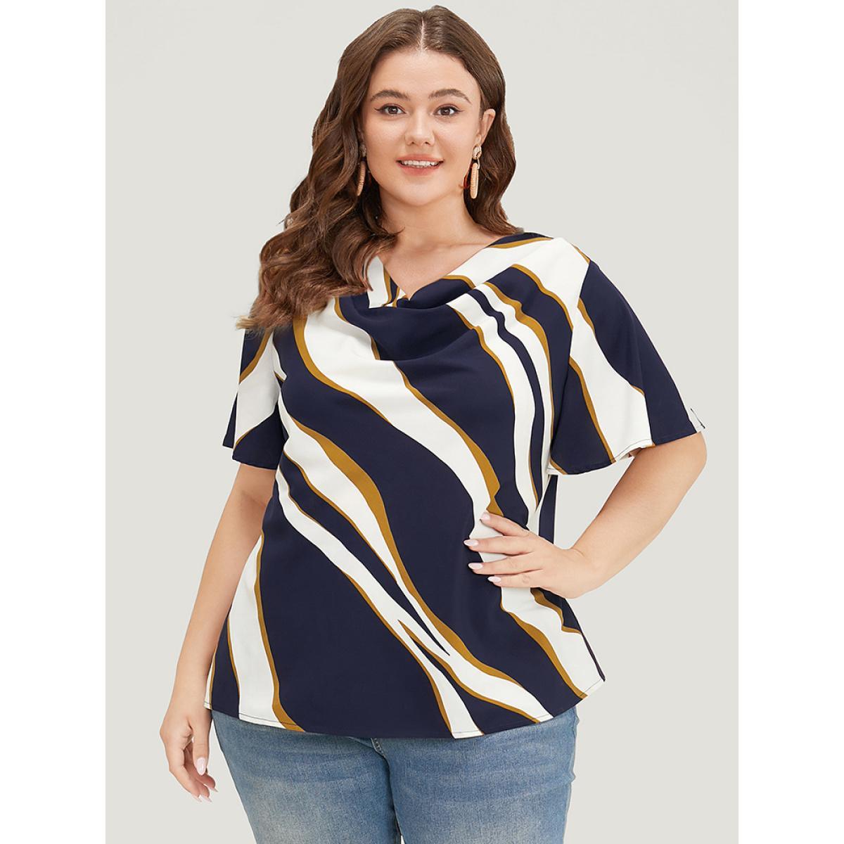 Plus Size Multicolor Geometric Contrast Cowl Neck Ruffle Sleeve Blouse Women Office Short sleeve Cowl Neck Work Blouses BloomChic 30/6X Product Image