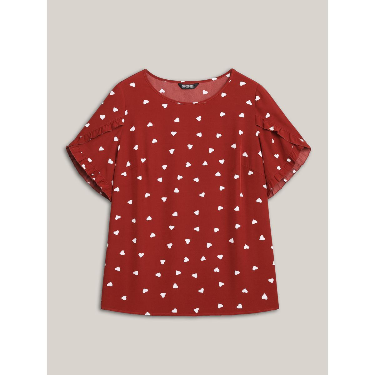 Plus Size Scarlet Ruffled Overlap Sleeve Heart Pattern Blouse Women Elegant Short sleeve Round Neck Everyday Blouses BloomChic 22-24/3X Product Image