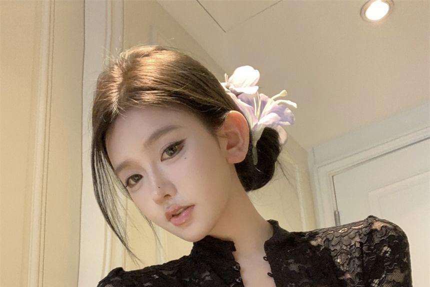 Long-Sleeve Stand Collar Button Lace Crop Slim Fit Top Product Image