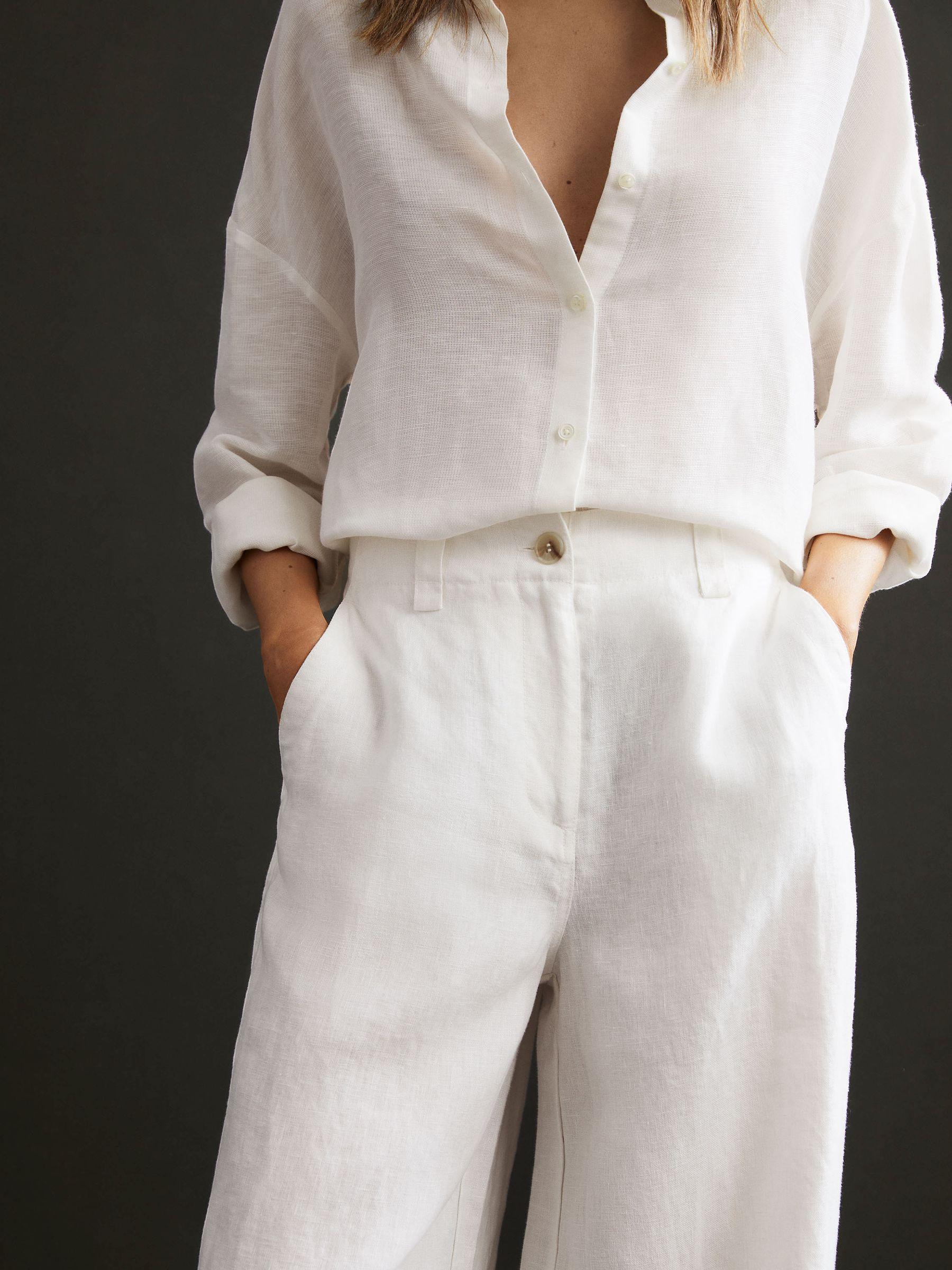 Linen Wide Leg Garment Dyed Trousers in White Product Image
