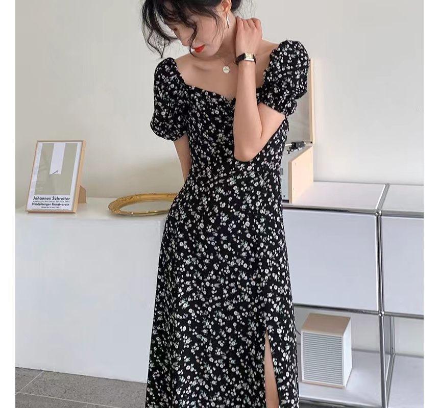Short-Sleeve Floral Slit Midi A-Line Dress Product Image