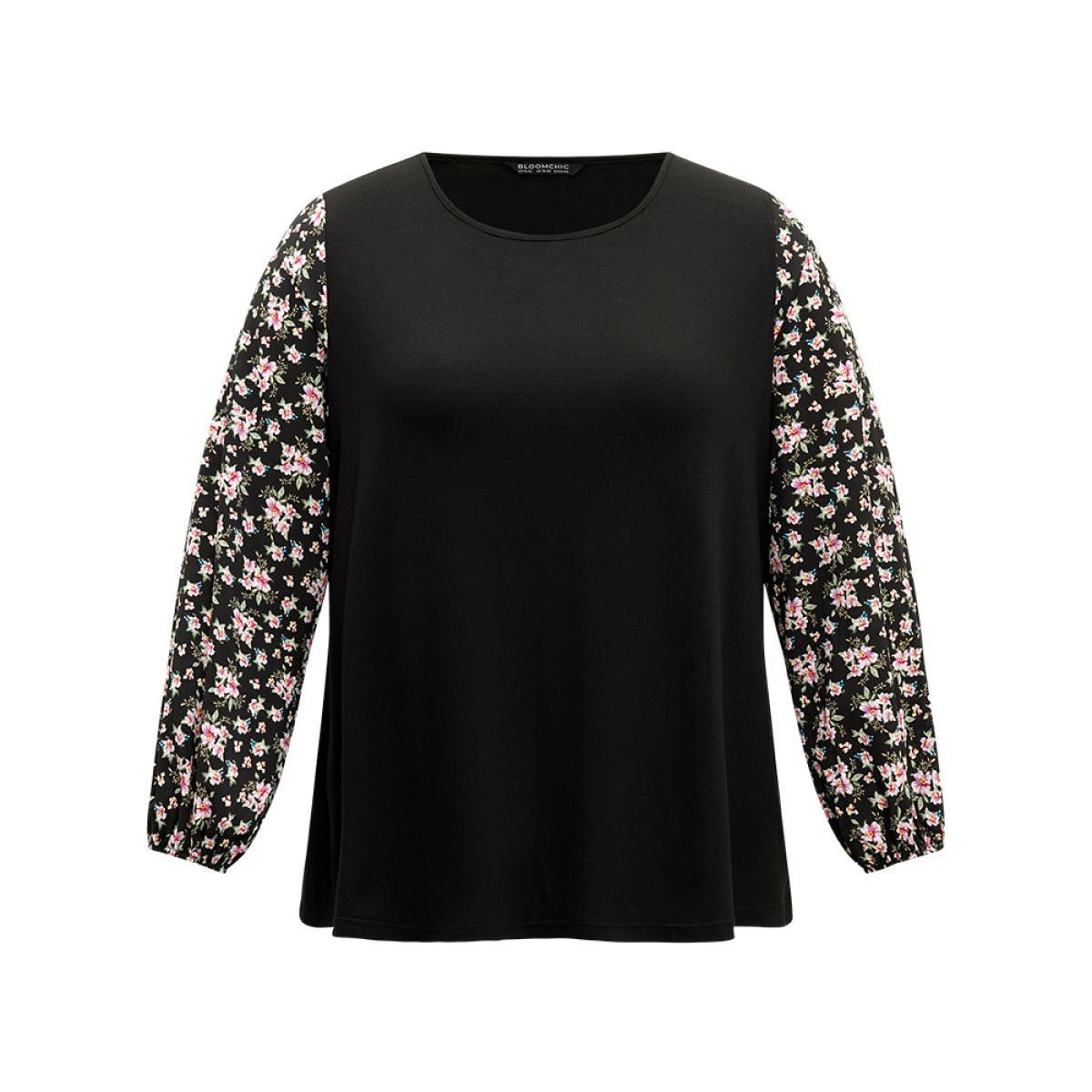 Plus Size Crew Neck Patchwork Ditsy Floral T-shirt Black Women Elegant Elastic cuffs Ditsy Floral Round Neck Dailywear T-shirts BloomChic 18-20/2X Product Image