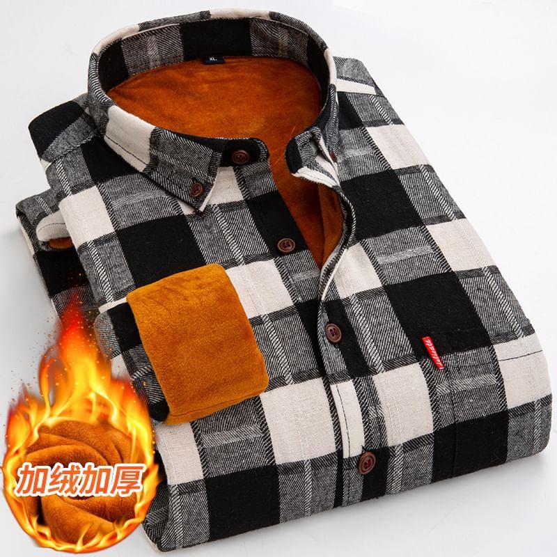 Long Sleeve Collared Plaid Fleece Lined Button Shirt Product Image