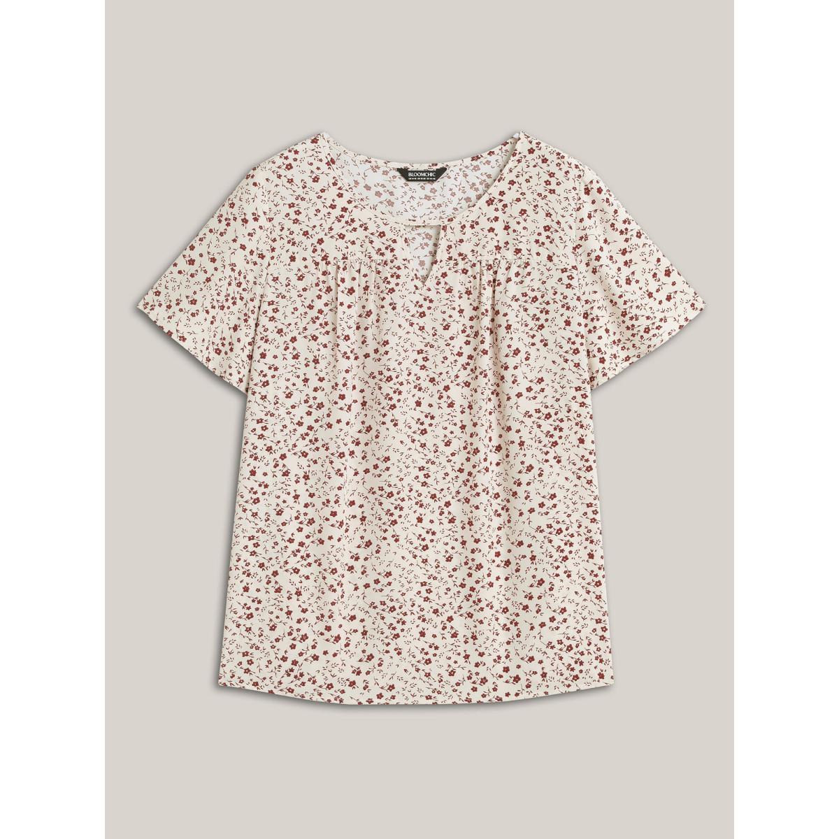Plus Size Beige Ditsy Floral Print Lotus Leaf Sleeve Shirt Women Elegant Short sleeve Round Neck Everyday Blouses BloomChic 28/5X Product Image