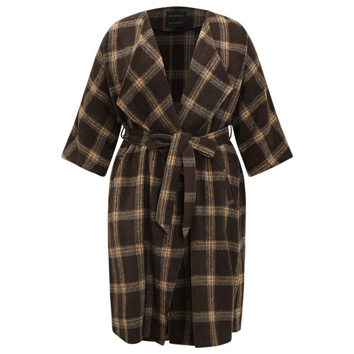 Plus Size Plaid Asymmetrical Neck Dolman Sleeve Belted Coat Women DarkBrown Elegant Belted Ladies Dailywear Winter Coats BloomChic 14-16/1X Product Image