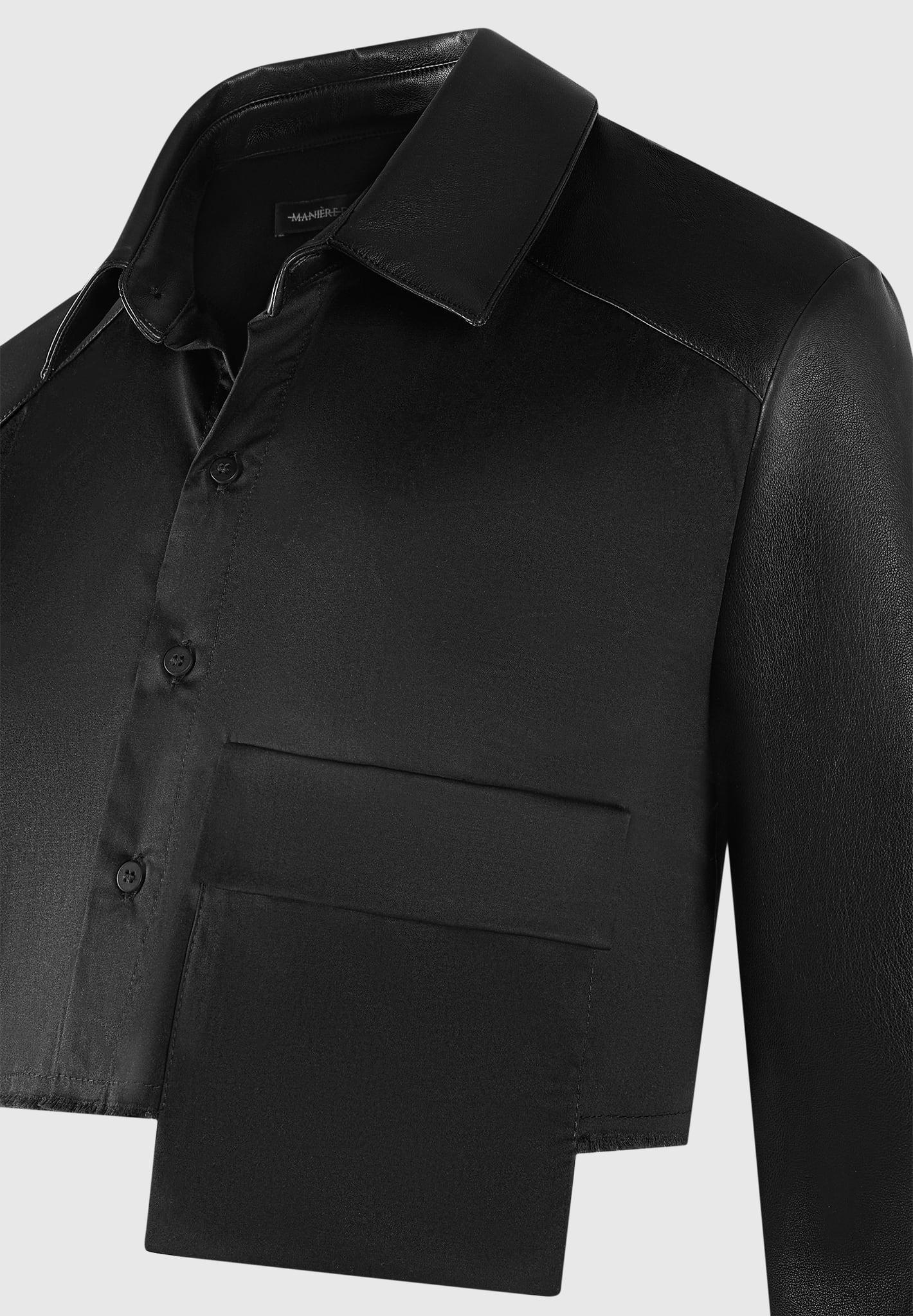 Leather Contrast Cropped Shirt - Black Female Product Image