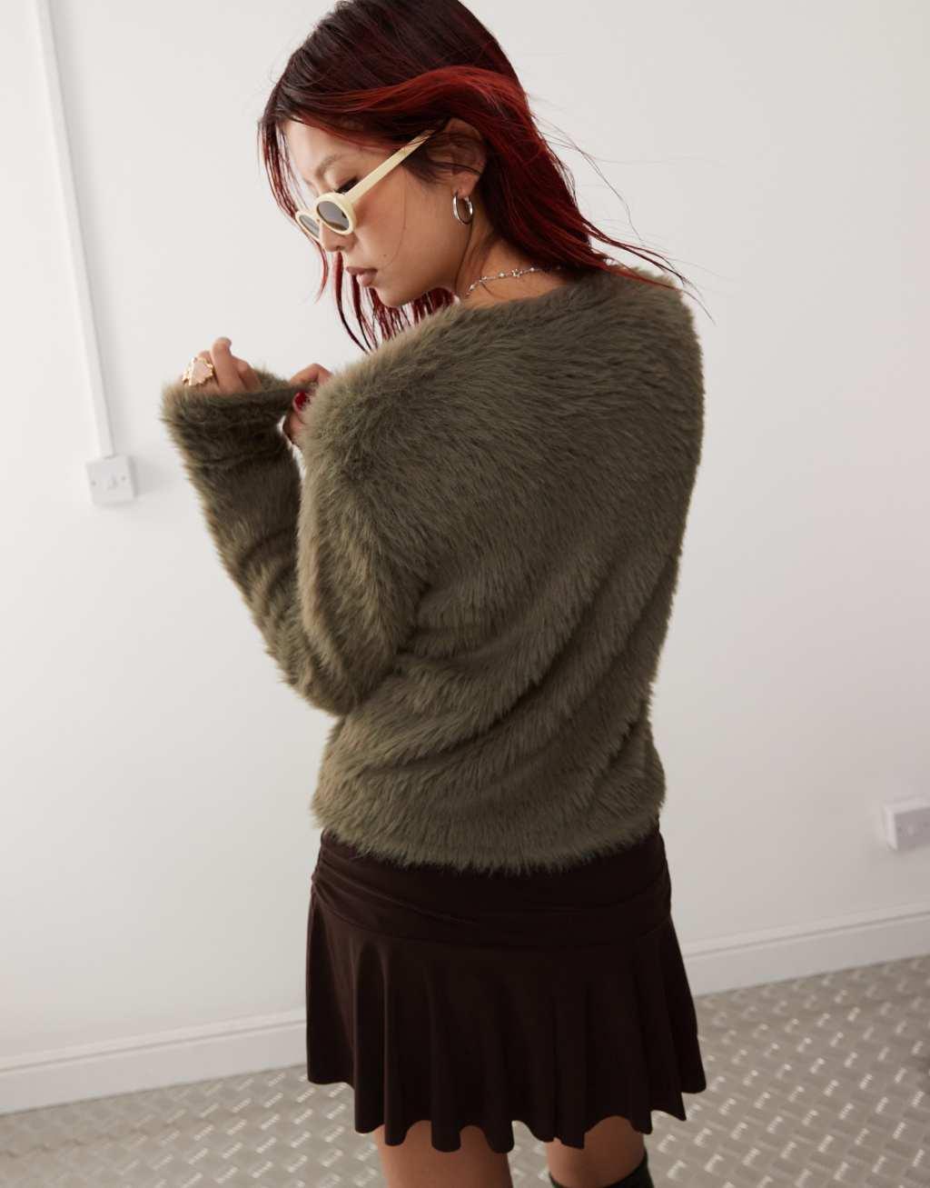Monki fluffy knitted cardigan in khaki green Product Image