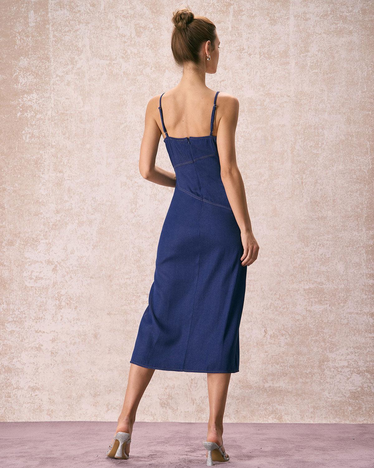 The Navy V-Neck Side Split Slip Midi Dress Product Image