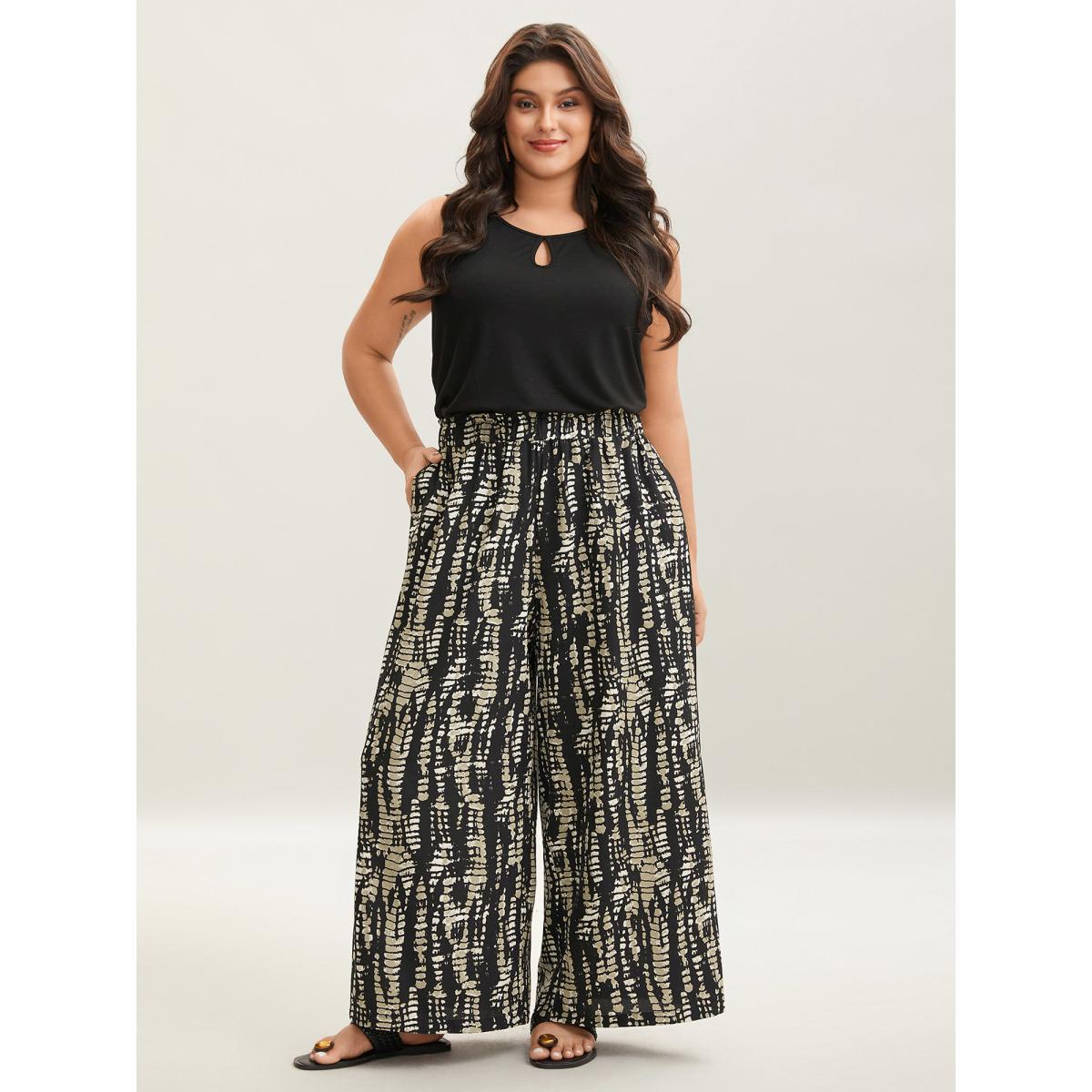 Plus Size Abstract Tie-Dye Wide-Leg Pants Women Black Elegant Wide Leg Mid Rise Everyday-Elegant Pants BloomChic 14-16/1X Product Image