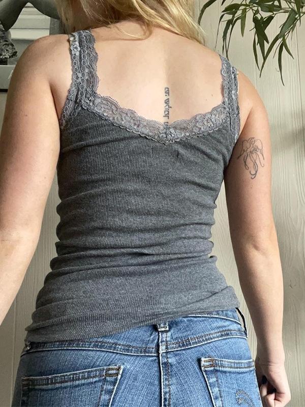 Cross Print Lace Trim Gray Tank Top Product Image