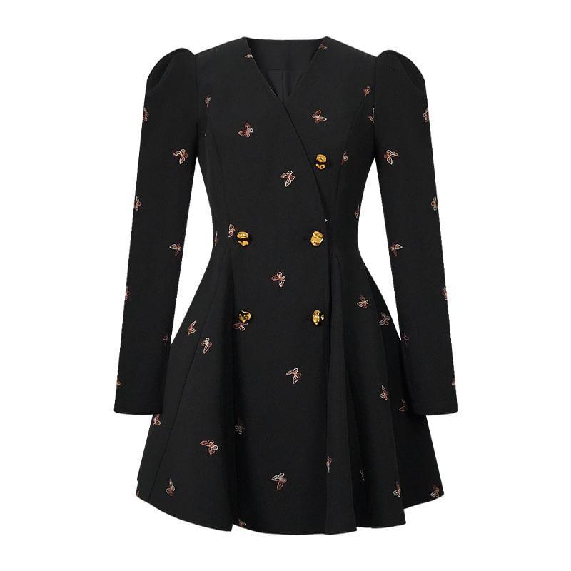 Long-Sleeve V-Neck Butterfly Embroidered Mini A-Line Dress Product Image