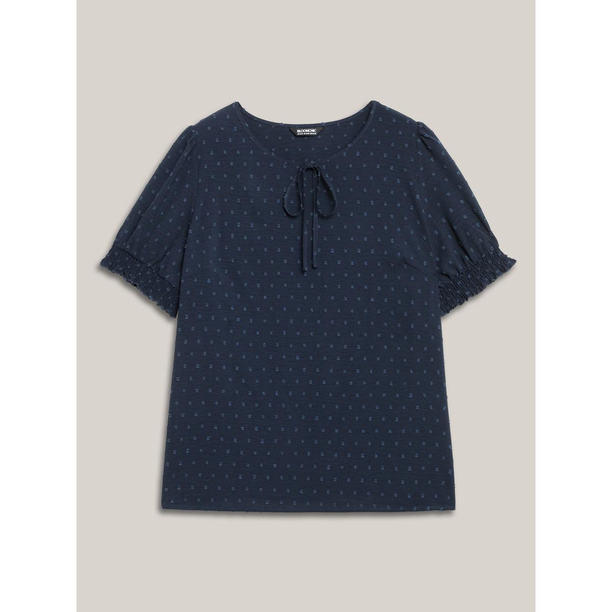 Plus Size Indigo Shirred Puff Sleeve Neck-Tie Shirt Women Resort Short sleeve Round Neck Vacation Blouses BloomChic 18-20/2X Product Image