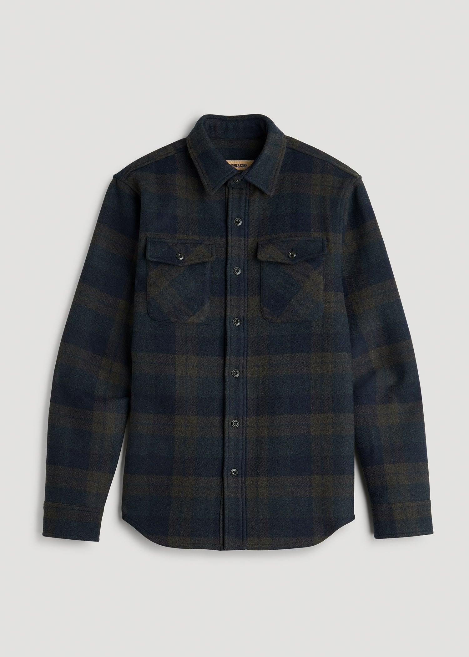 LJ&S Wool Blend Tall Men's Shirt Jacket in Green and Navy Plaid Product Image