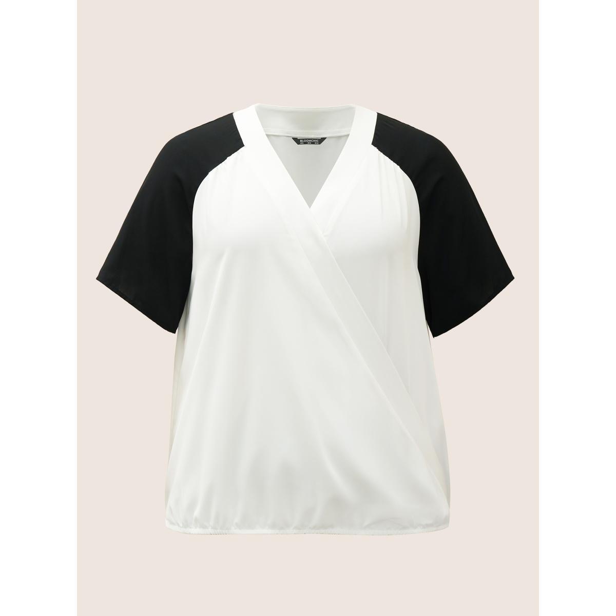 Plus Size White Two Tone Wrap Raglan Sleeve Blouse Women At the Office Short sleeve Overlap Collar Work Blouses BloomChic 22-24/3X Product Image