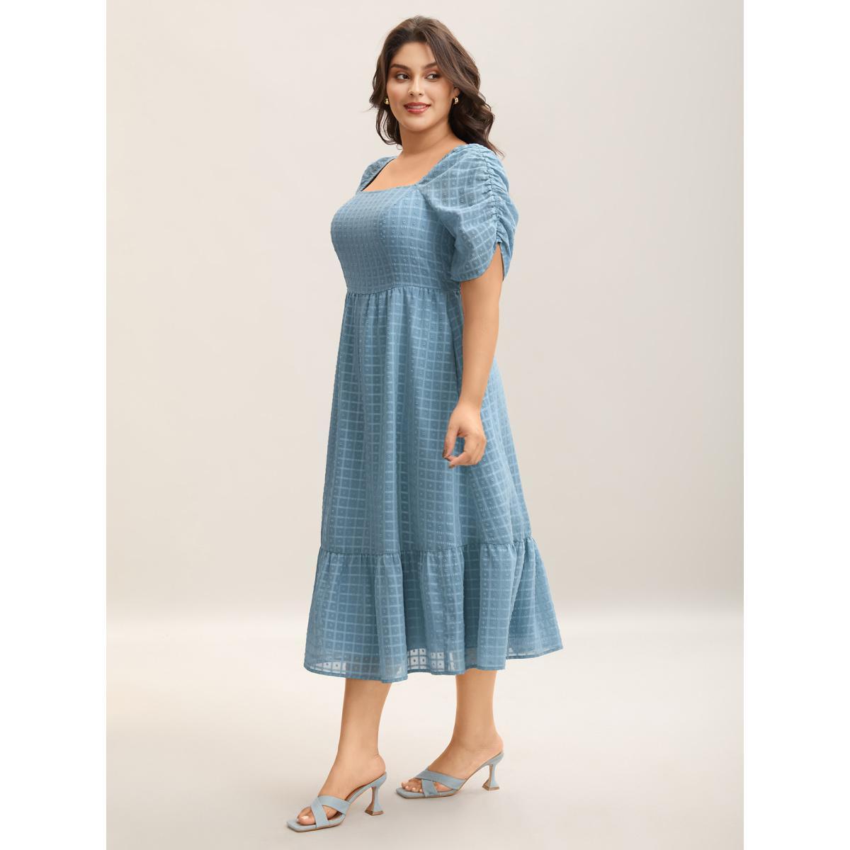 Plus Size Textured Ruched Sleeve Tiered Midi Dress Stone Women Square Neck Short sleeve Curvy BloomChic 26/4X Product Image