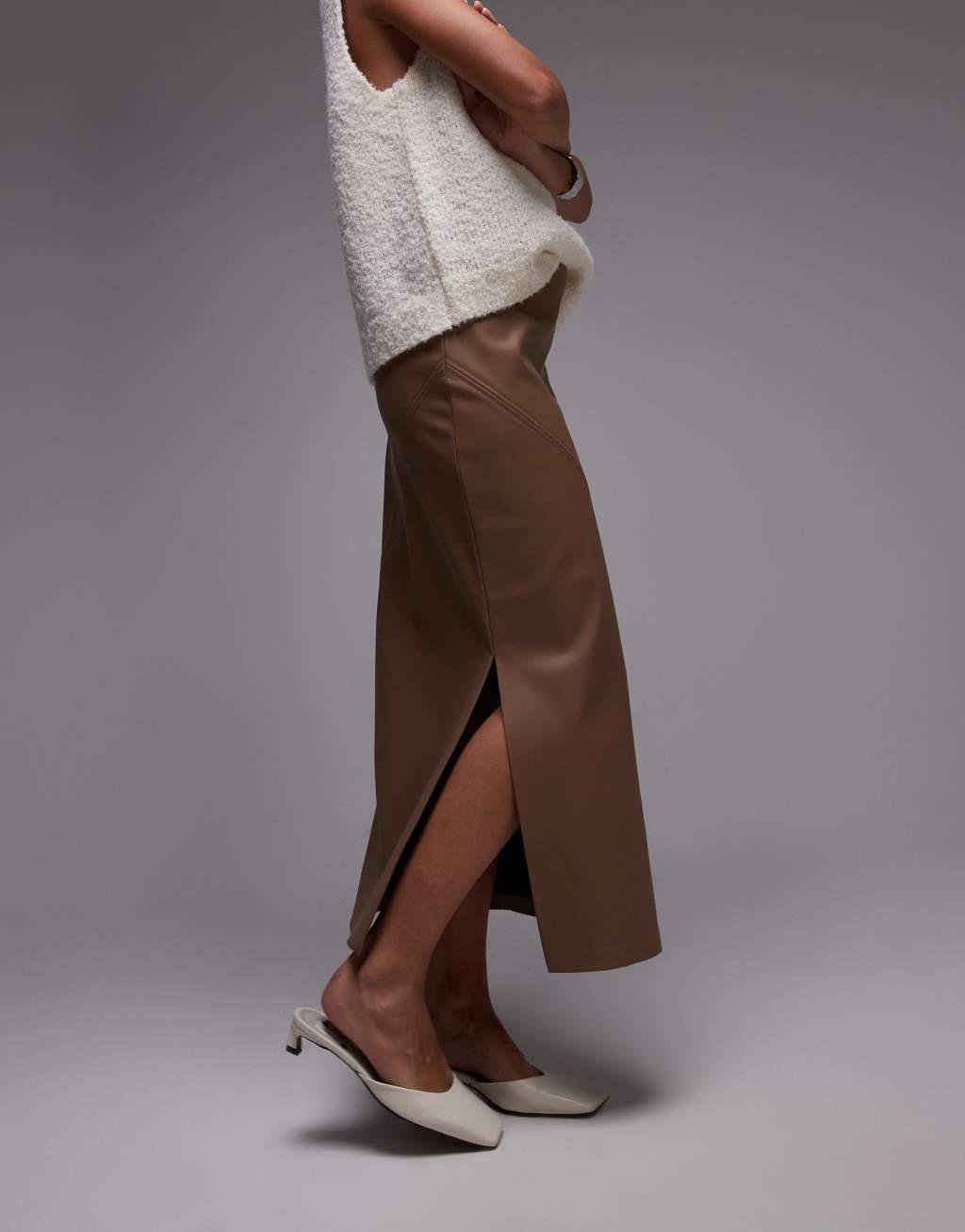 Topshop faux leather clean midi skirt in coffee Product Image
