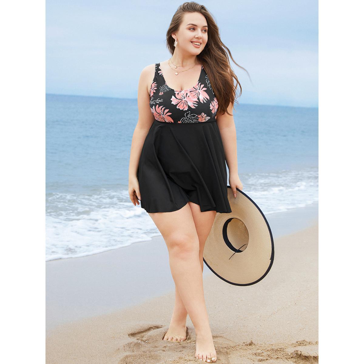 Plus Size Floral Print Scoop Neck Sculpt Waist Swim Dress Women's Swimwear Black Vacation Bodycon High stretch Curve Swim Dresses BloomChic 26/4X Product Image