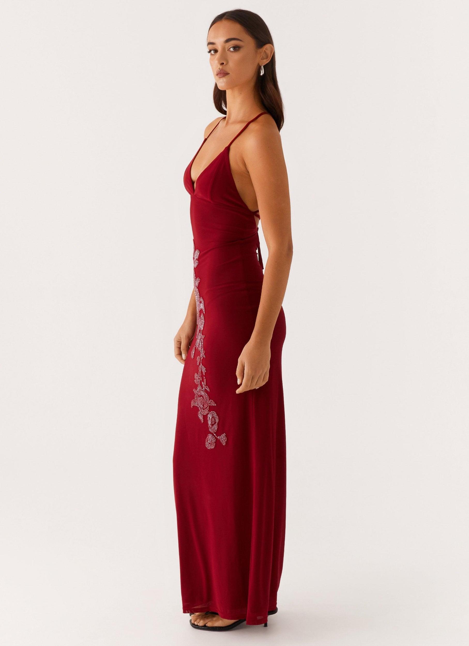 Beki Beaded Mesh Maxi Dress - Deep Red Product Image