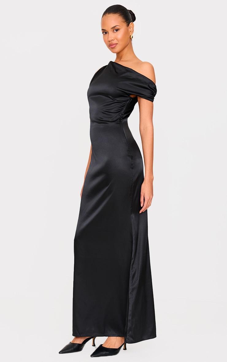 Black Satin Asymmetric Sleeveless Maxi Dress Product Image
