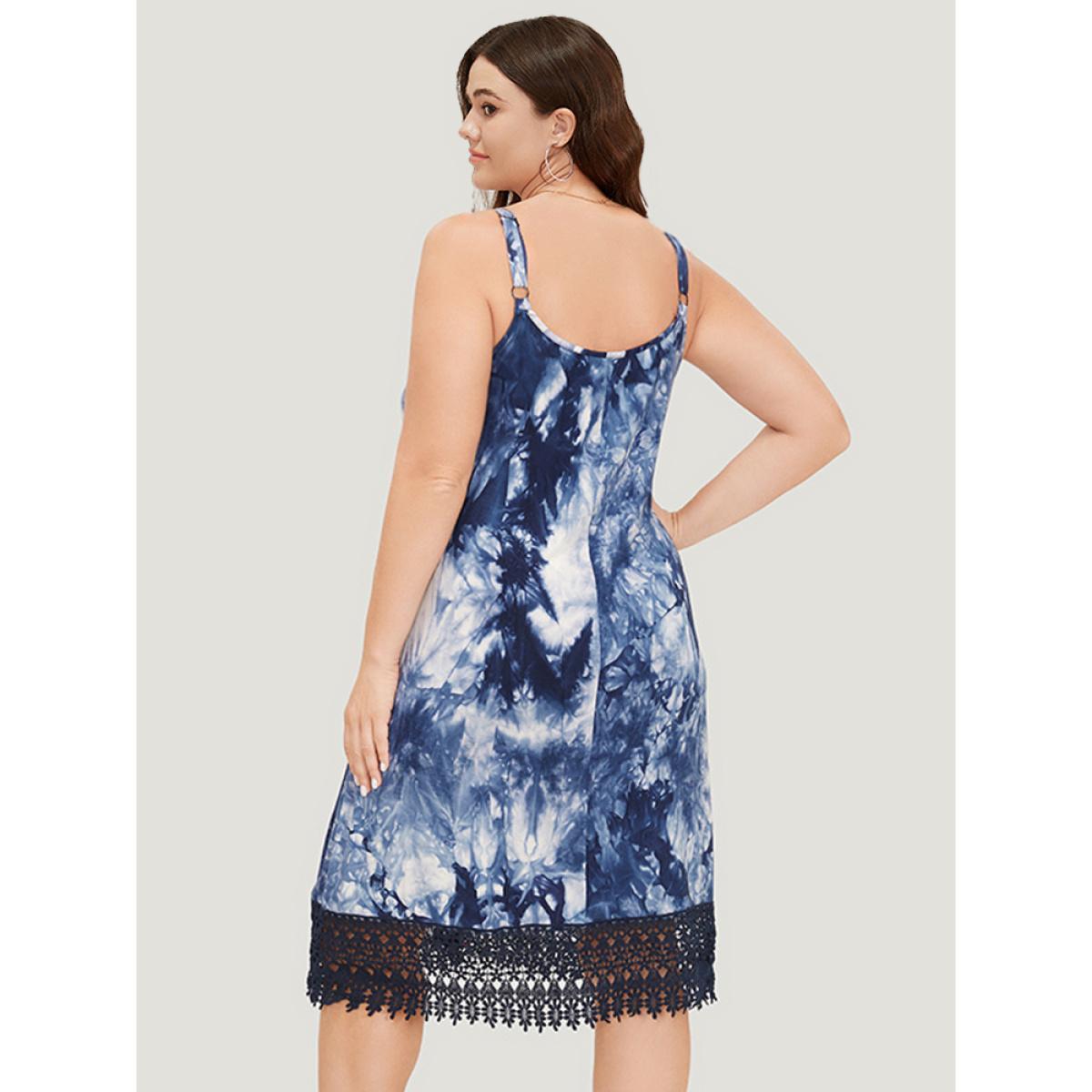 Plus Size Tie Dye Pocket Lace Hem Cami Dress Indigo Women Vacation Adjustable Straps Spaghetti Strap Sleeveless Curvy Midi Dress BloomChic 22-24/3X Product Image