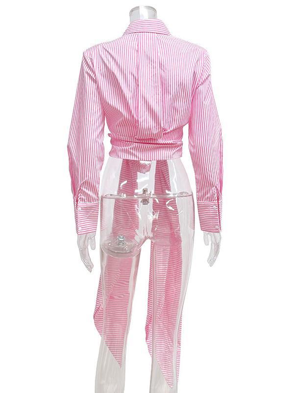 Long Sleeves Loose Asymmetric Split-Joint Striped Lapel Blouses Product Image