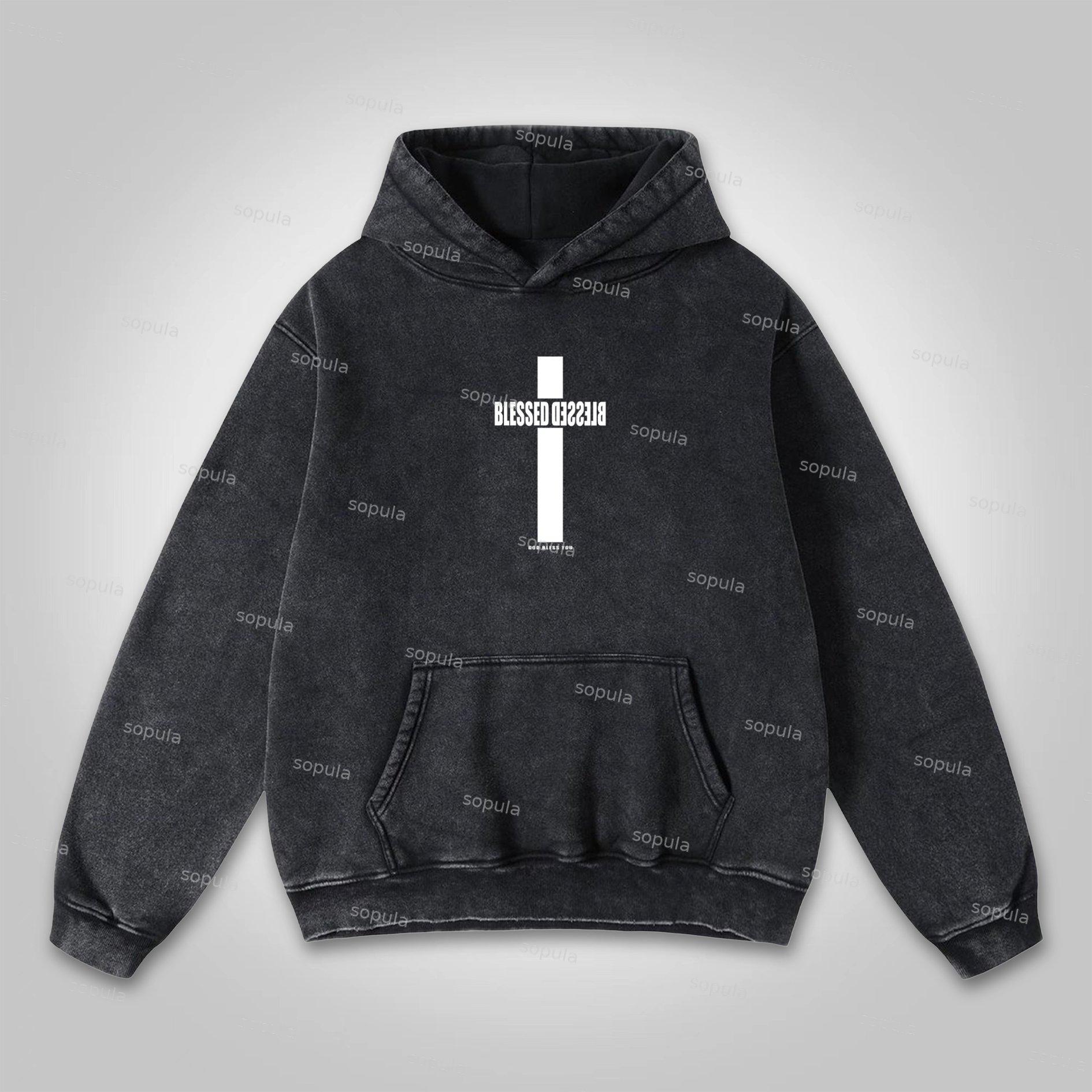 Sopula Vintage Blessed Cross God Bless You Graphic Washed Hoodie Product Image