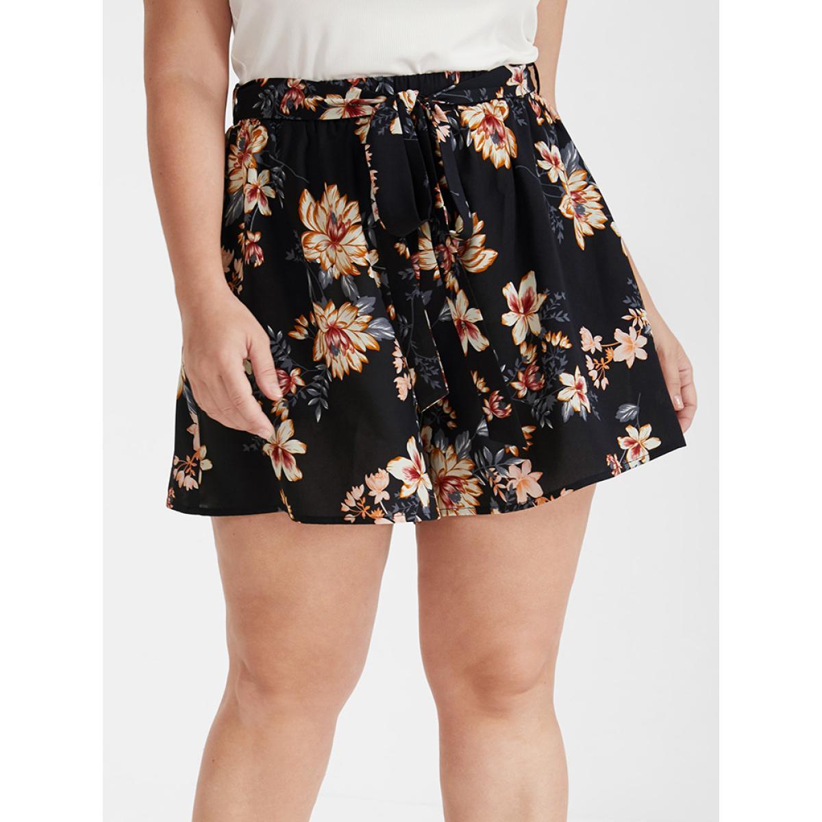 Plus Size Floral Belted Pocket Elastic Waist Shorts Women BlackFlower Casual Belted Dailywear Shorts BloomChic 10/M Product Image