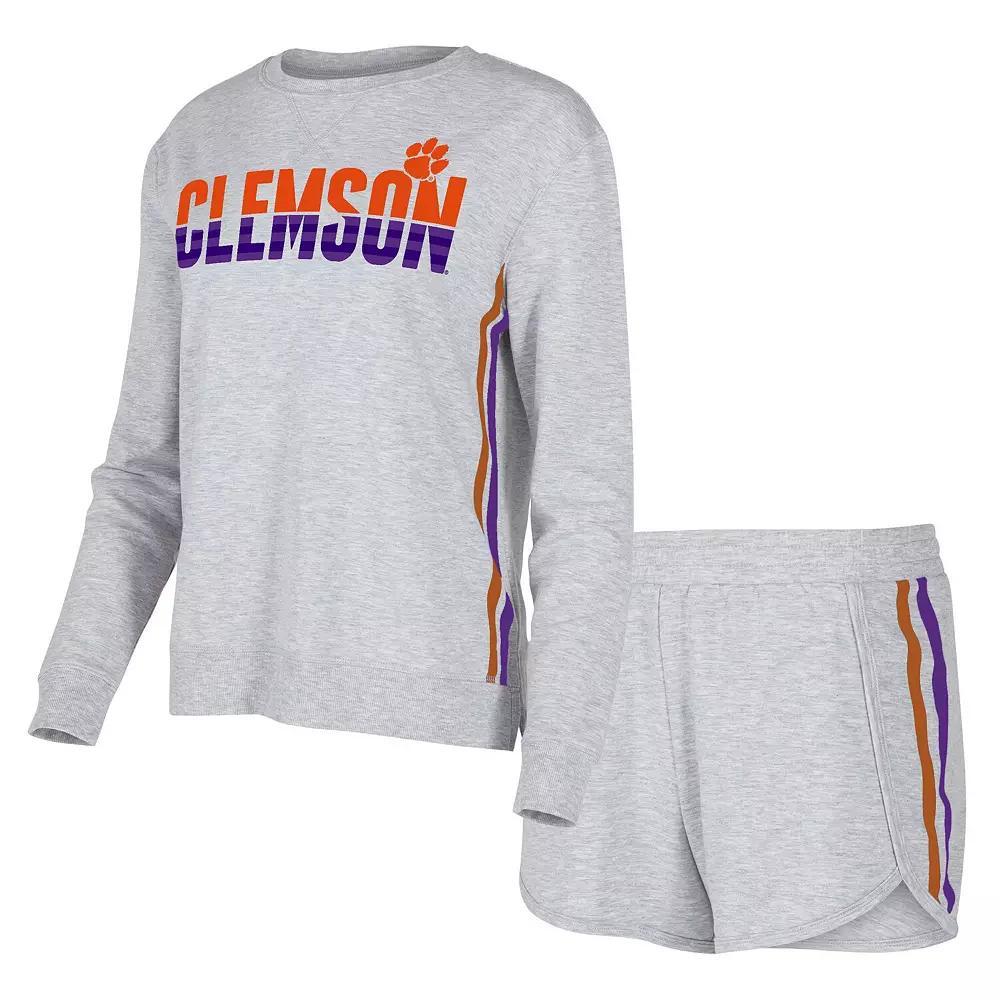 Womens Concepts Sport Gray Clemson Tigers Cedar Tri-Blend Long Sleeve T-Shirt & Shorts Sleep Set Product Image