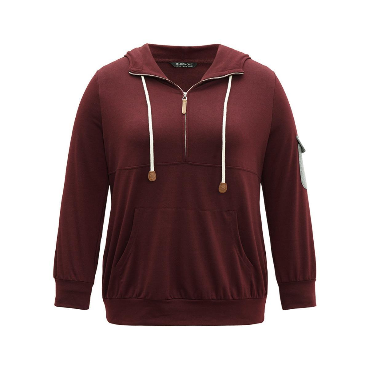 Plus Size Contrast Half Zip Patched Pocket Hooded Sweatshirt Women Burgundy Casual Contrast Hooded Dailywear Sweatshirts BloomChic 22-24/3X Product Image