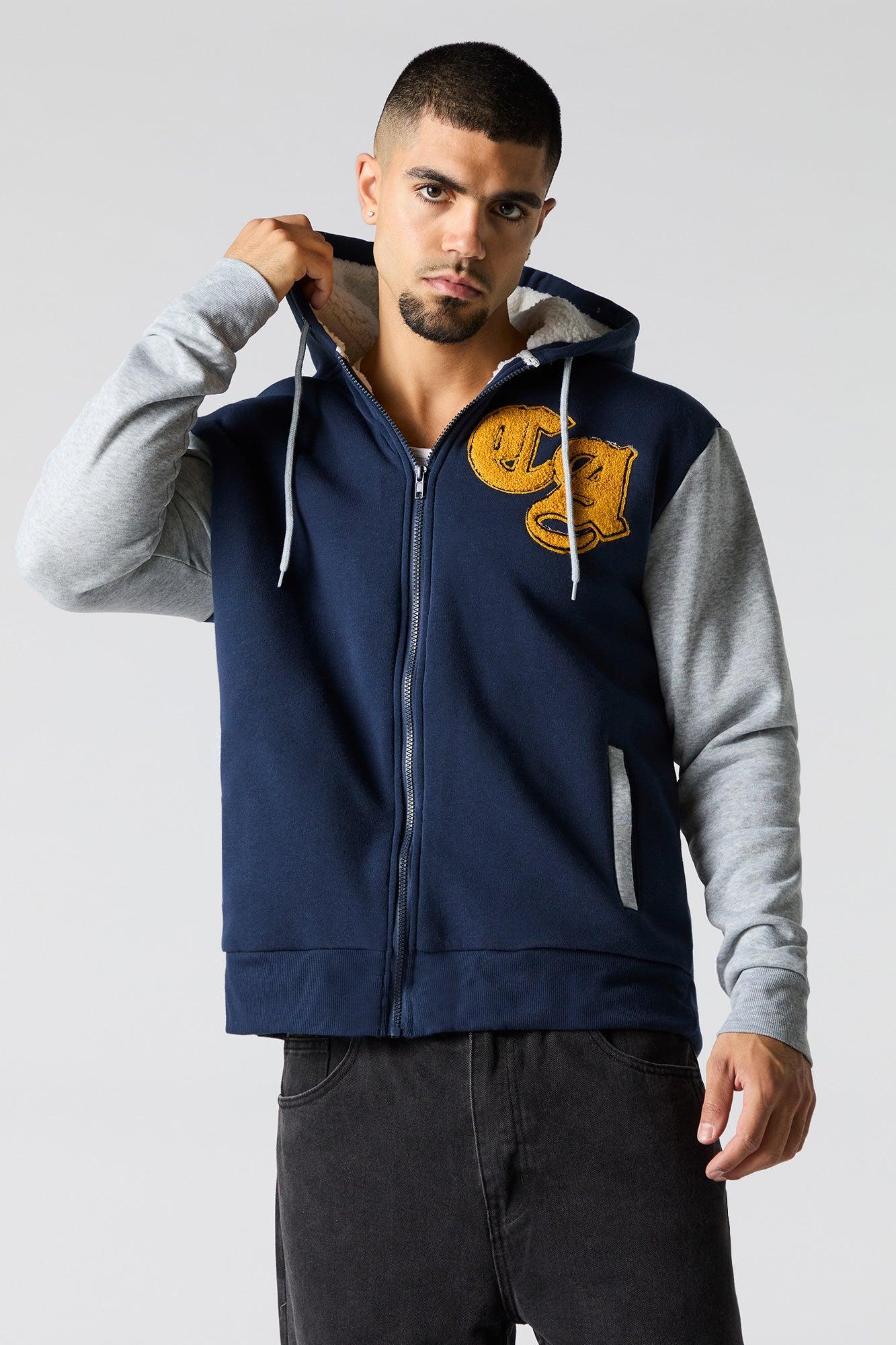 Chenille Embroidered Faux Fur Lined Zip-Up Hoodie Male Product Image