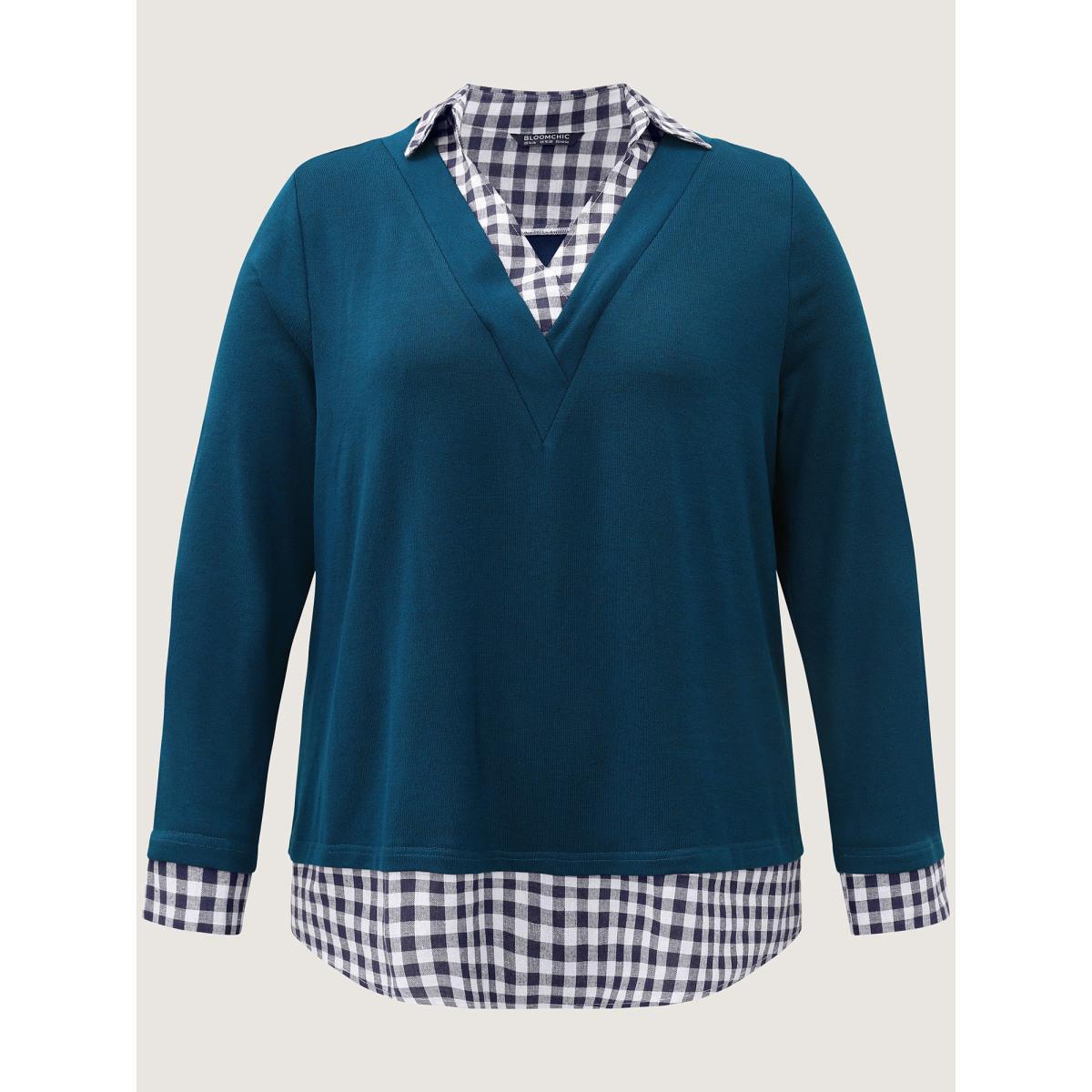 Plus Size Gingham Patchwork Shirt Collar Arc Hem Sweatshirt Women Blue Casual Patchwork V-neck Everyday Sweatshirts BloomChic 14-16/1X Product Image