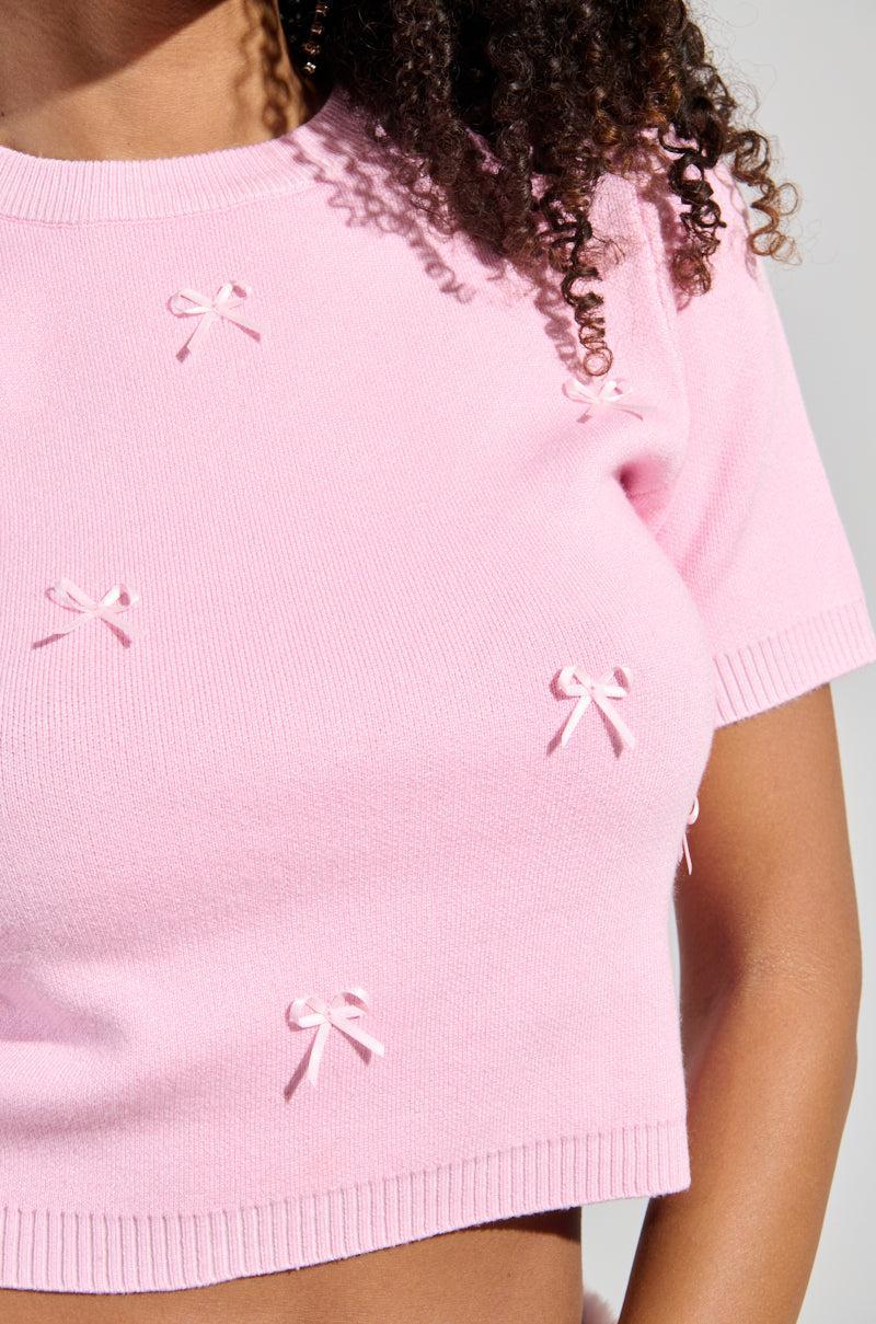 KEEP ME OUT THE LOOP TINY BOW SWEATER IN PINK Product Image